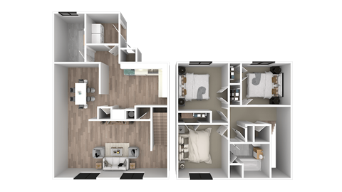 a 3d rendering of a floor plan with a bedroom and a bathroom